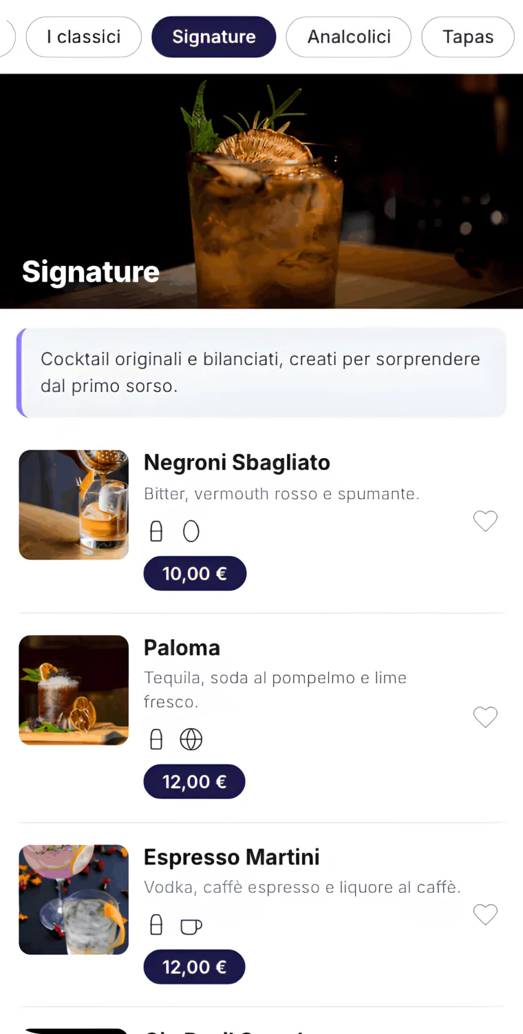 Menu cocktail bar